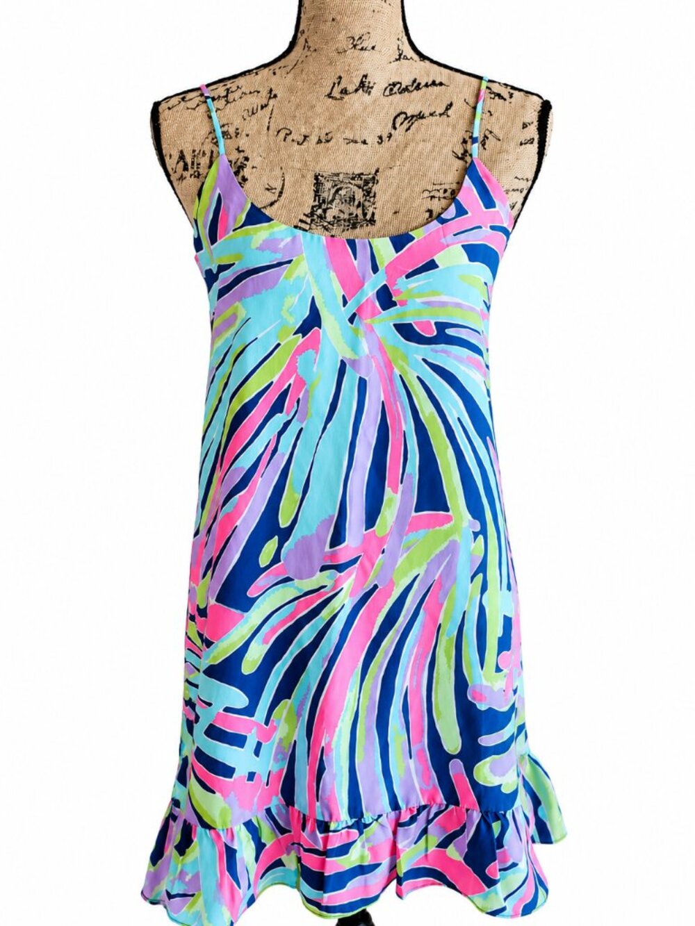 Lilly Pulitzer Zanna 100% Silk Slip Dress Sea Dreamin Blue Pink Ruffle Hem M